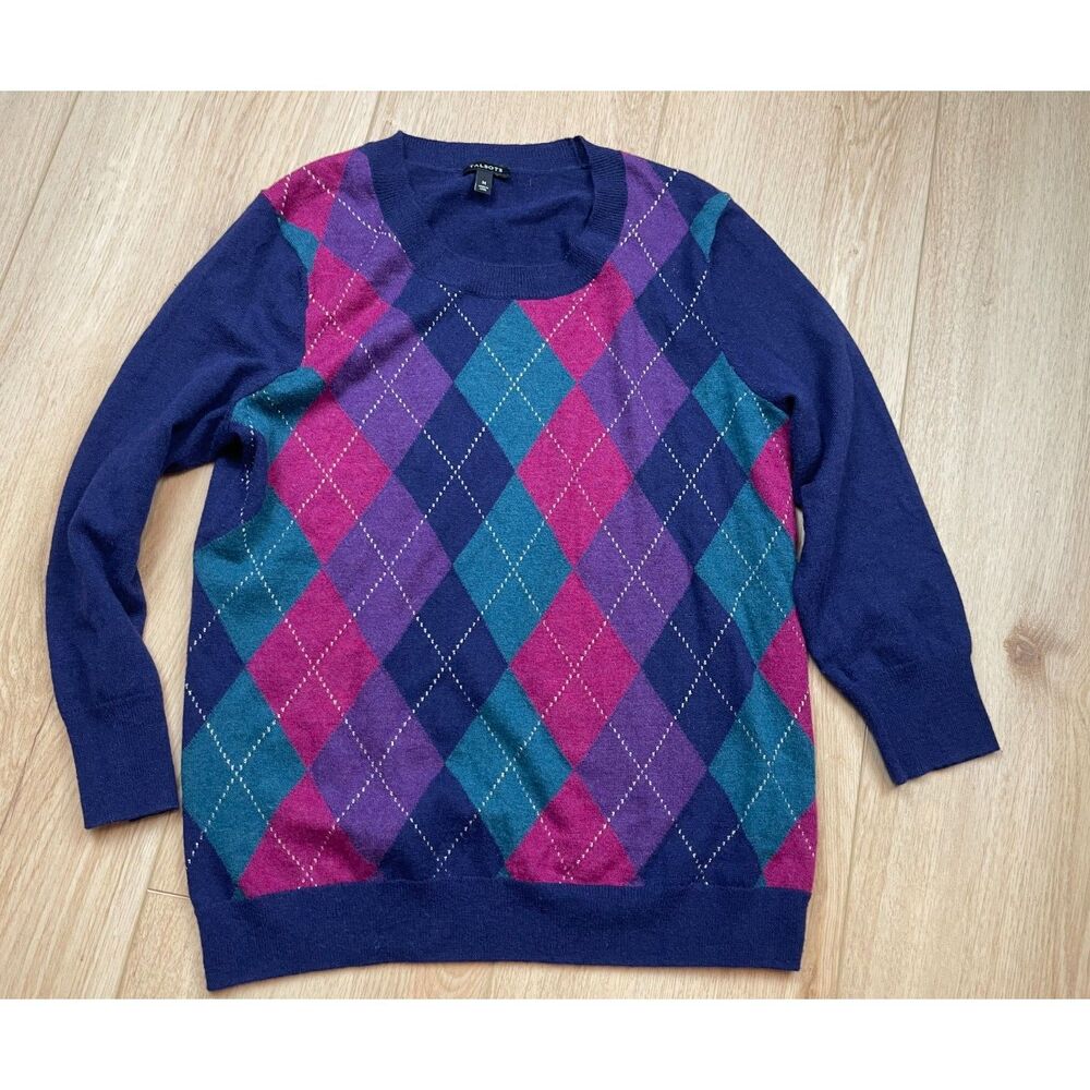 Talbots Navy Multicolor Argyle Lambswool Sweater – Size M